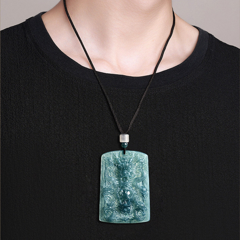 Natural Certificated Type A 70X48.5X8.5mm Untreated Icy Waxy Blue Watery Guatemalan Jadeite Rectangle Pendant With Dragon Carved,Chinese Zodiac Pendant,DIY Jewelry Supplies