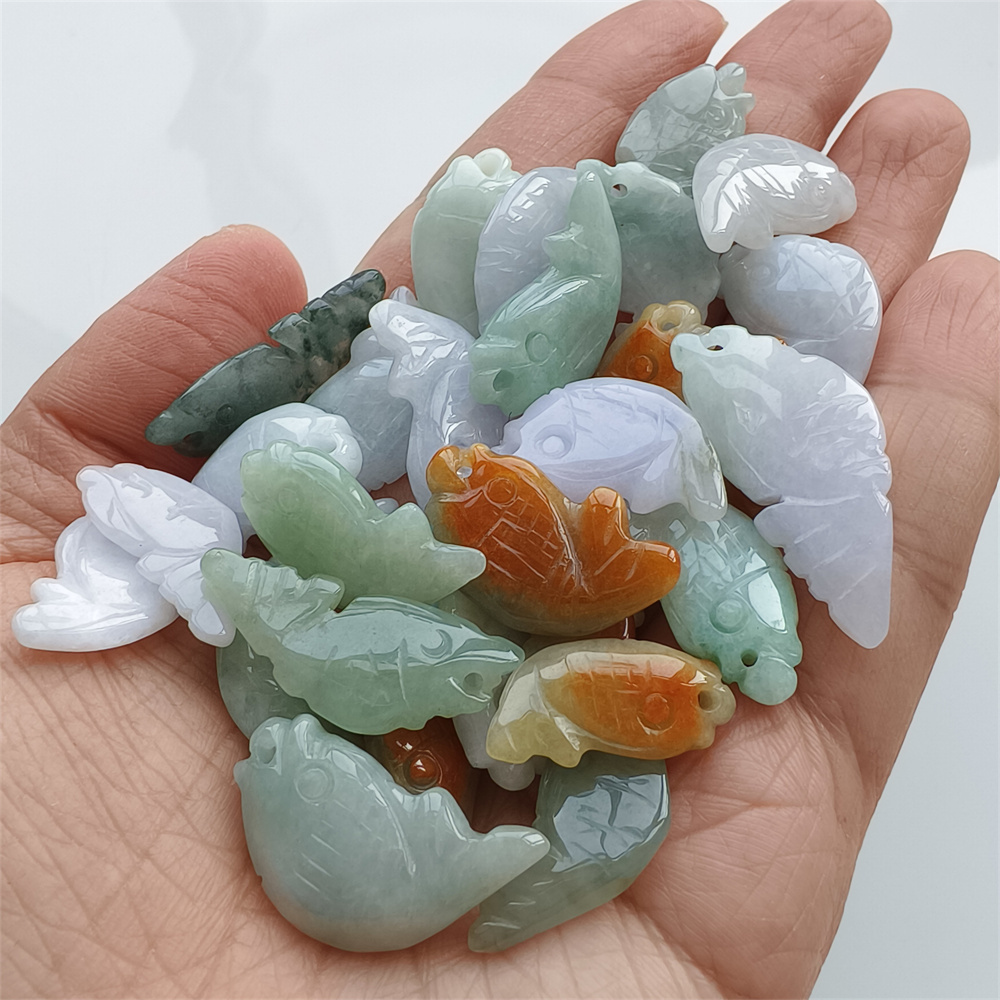 5pcs Natural Certificated Type A 20-30X10-14X4-6mm Green White Red Burmese Jadeite Fish Pendant,Auspicious Carps Pendant,DIY Jewelry Supplies