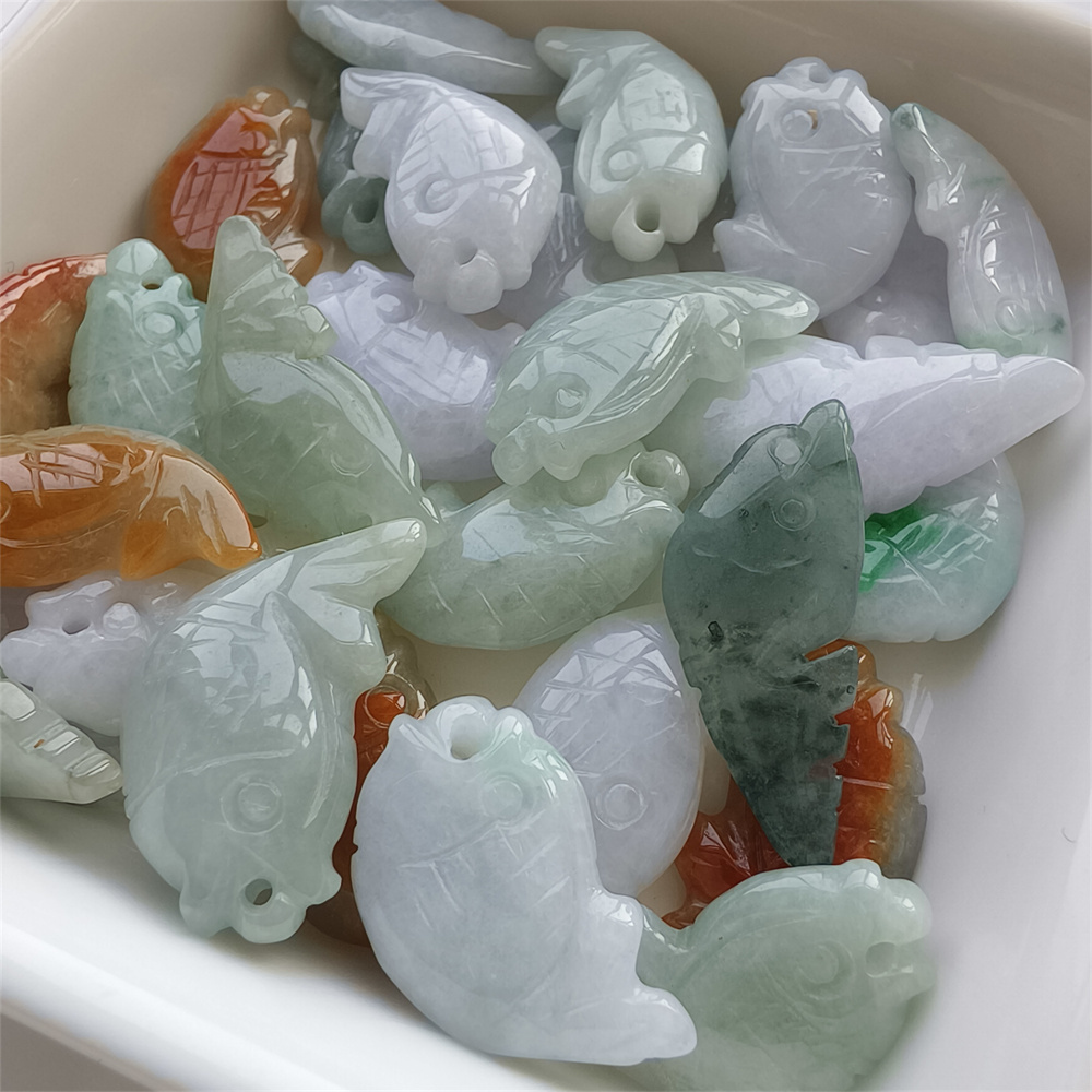 5pcs Natural Certificated Type A 20-30X10-14X4-6mm Green White Red Burmese Jadeite Fish Pendant,Auspicious Carps Pendant,DIY Jewelry Supplies
