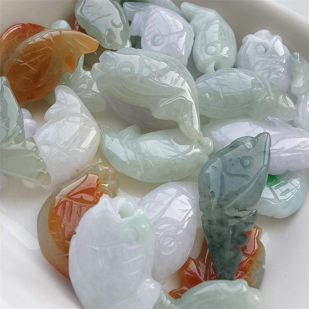 5pcs Natural Certificated Type A 20-30X10-14X4-6mm Green White Red Burmese Jadeite Fish Pendant,Auspicious Carps Pendant,DIY Jewelry Supplies