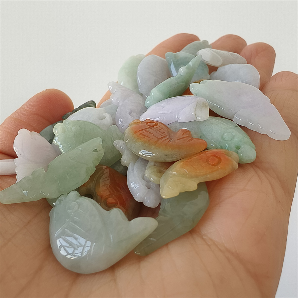 5pcs Natural Certificated Type A 20-30X10-14X4-6mm Green White Red Burmese Jadeite Fish Pendant,Auspicious Carps Pendant,DIY Jewelry Supplies