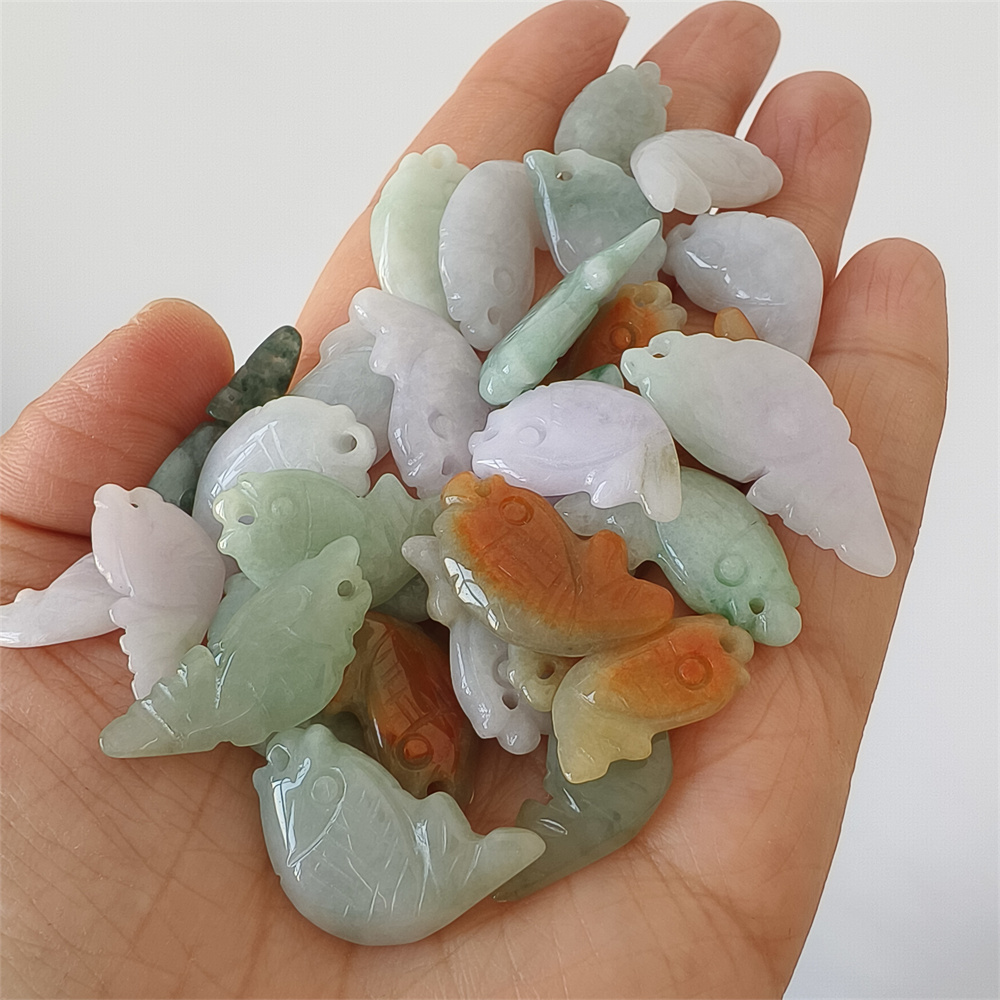 5pcs Natural Certificated Type A 20-30X10-14X4-6mm Green White Red Burmese Jadeite Fish Pendant,Auspicious Carps Pendant,DIY Jewelry Supplies