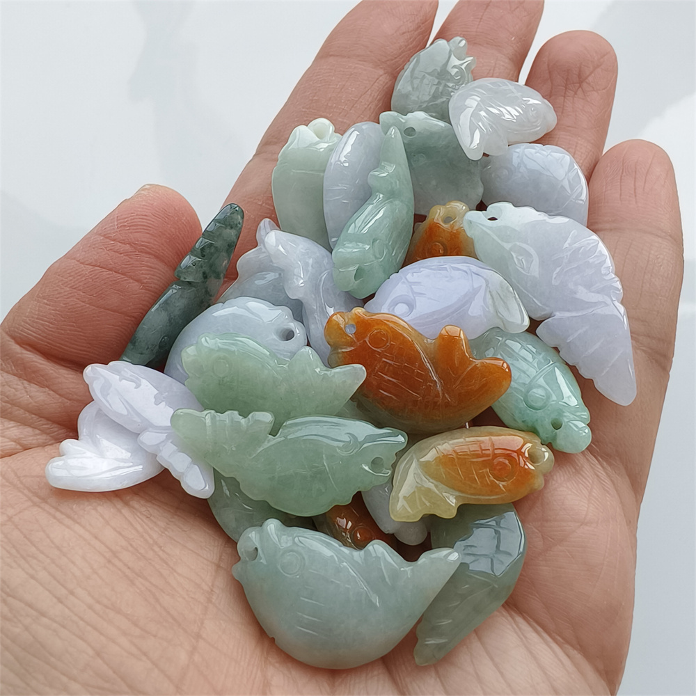 5pcs Natural Certificated Type A 20-30X10-14X4-6mm Green White Red Burmese Jadeite Fish Pendant,Auspicious Carps Pendant,DIY Jewelry Supplies