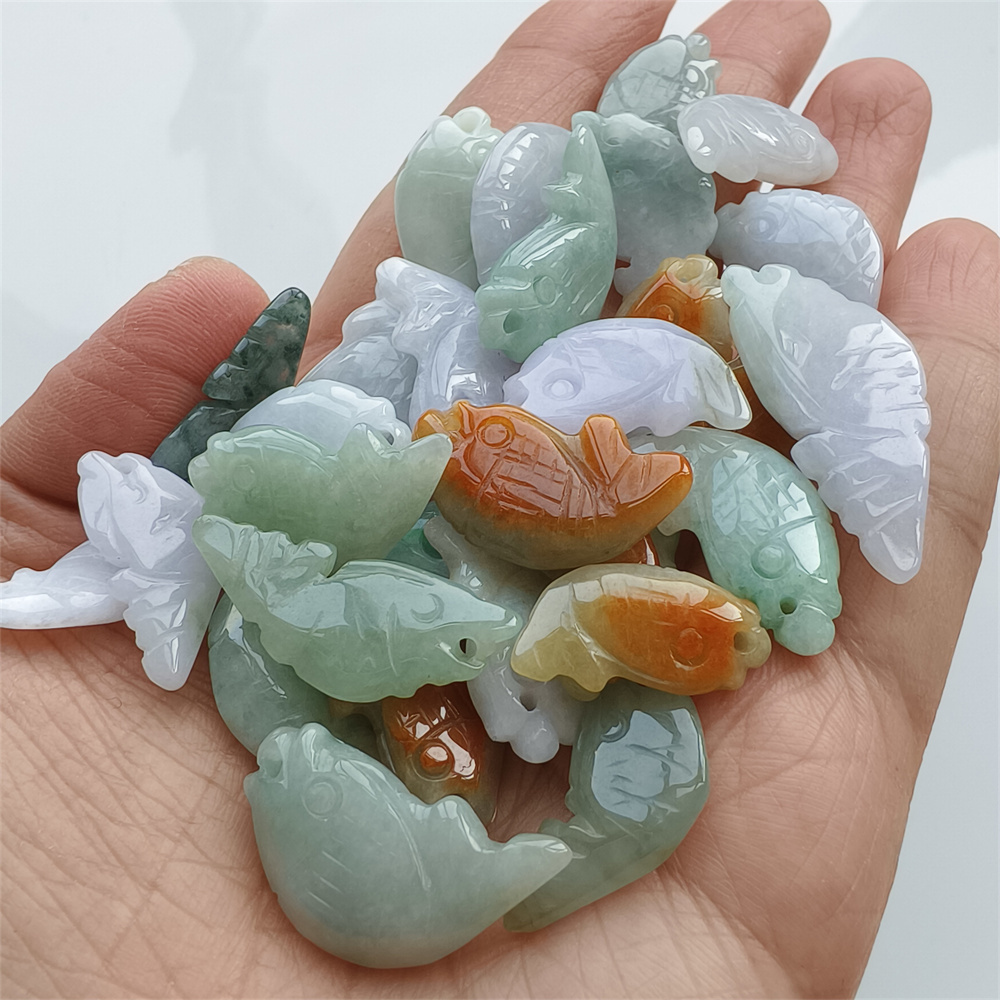 5pcs Natural Certificated Type A 20-30X10-14X4-6mm Green White Red Burmese Jadeite Fish Pendant,Auspicious Carps Pendant,DIY Jewelry Supplies