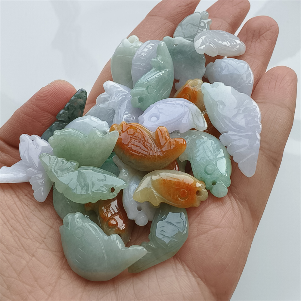 5pcs Natural Certificated Type A 20-30X10-14X4-6mm Green White Red Burmese Jadeite Fish Pendant,Auspicious Carps Pendant,DIY Jewelry Supplies