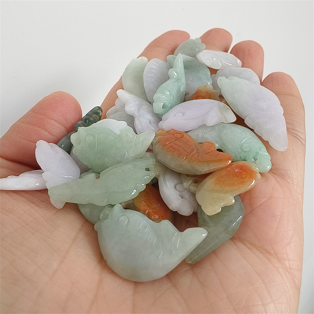 5pcs Natural Certificated Type A 20-30X10-14X4-6mm Green White Red Burmese Jadeite Fish Pendant,Auspicious Carps Pendant,DIY Jewelry Supplies