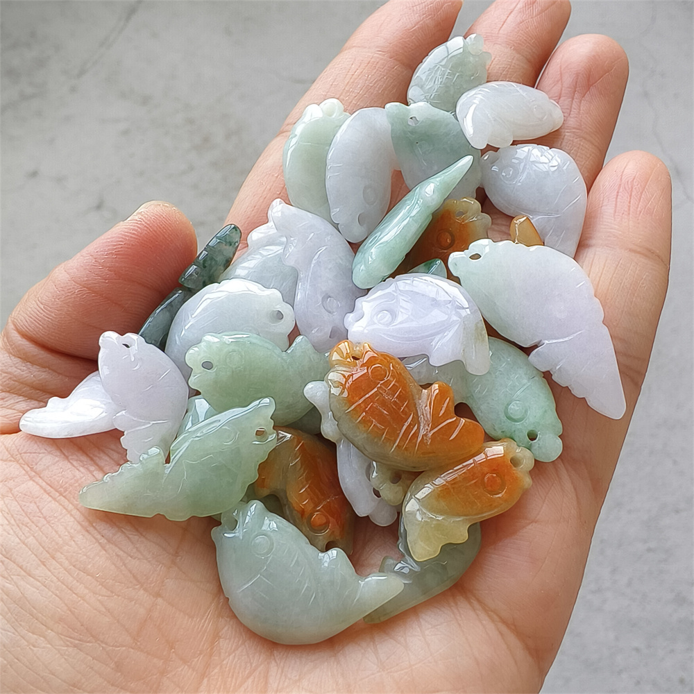 5pcs Natural Certificated Type A 20-30X10-14X4-6mm Green White Red Burmese Jadeite Fish Pendant,Auspicious Carps Pendant,DIY Jewelry Supplies