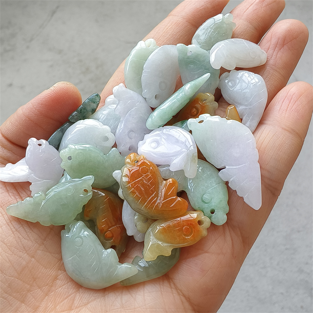 5pcs Natural Certificated Type A 20-30X10-14X4-6mm Green White Red Burmese Jadeite Fish Pendant,Auspicious Carps Pendant,DIY Jewelry Supplies
