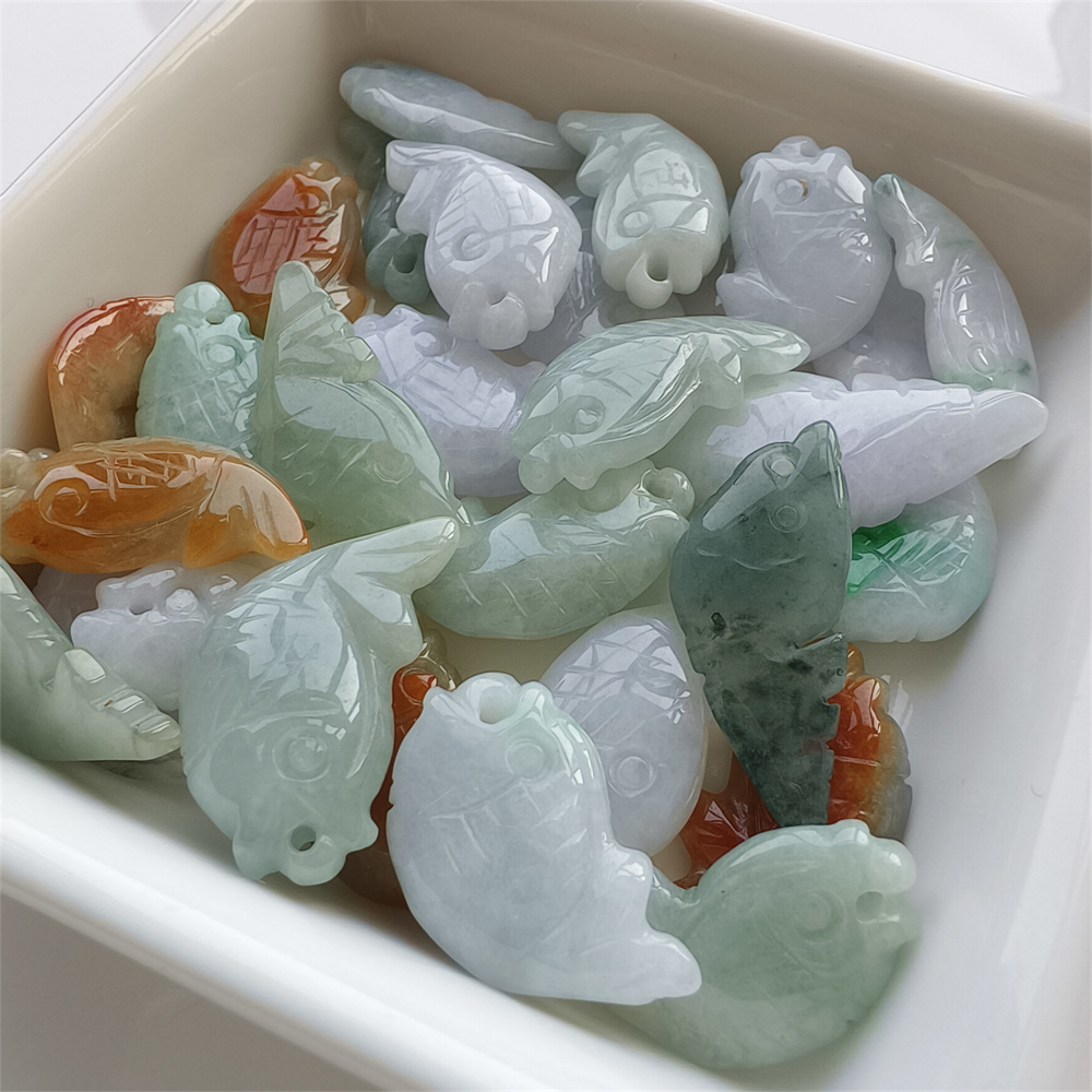 5pcs Natural Certificated Type A 20-30X10-14X4-6mm Green White Red Burmese Jadeite Fish Pendant,Auspicious Carps Pendant,DIY Jewelry Supplies