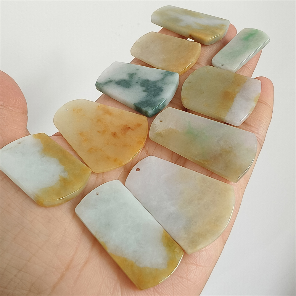 5pcs Natural Certificated Type A 30-40X13-28X3-4mm Green White Yellow Burmese Jadeite Trapezoid Pendant,平安无事Plaque,DIY Jewelry Supplies