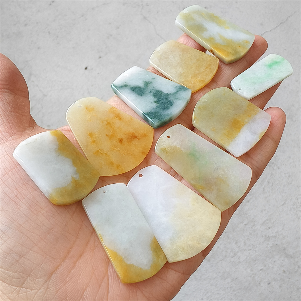 5pcs Natural Certificated Type A 30-40X13-28X3-4mm Green White Yellow Burmese Jadeite Trapezoid Pendant,平安无事Plaque,DIY Jewelry Supplies