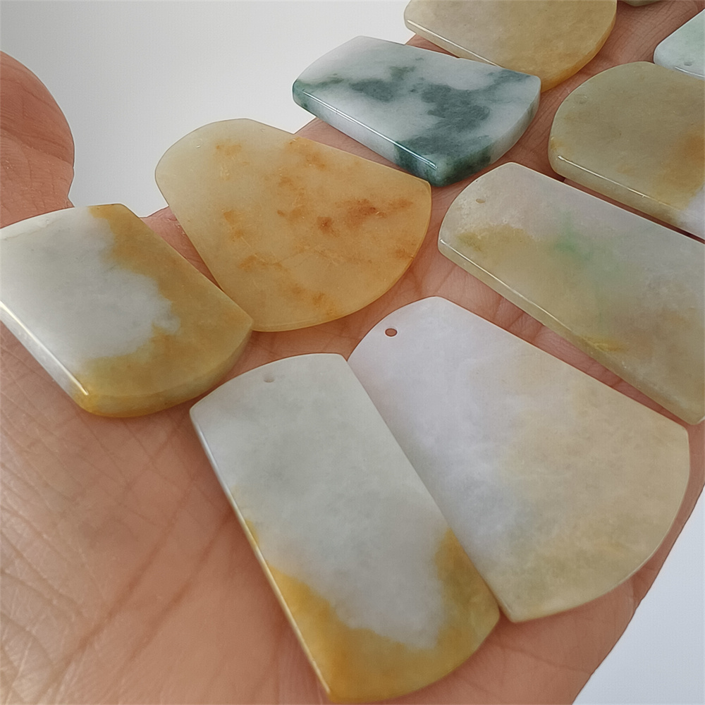 5pcs Natural Certificated Type A 30-40X13-28X3-4mm Green White Yellow Burmese Jadeite Trapezoid Pendant,平安无事Plaque,DIY Jewelry Supplies
