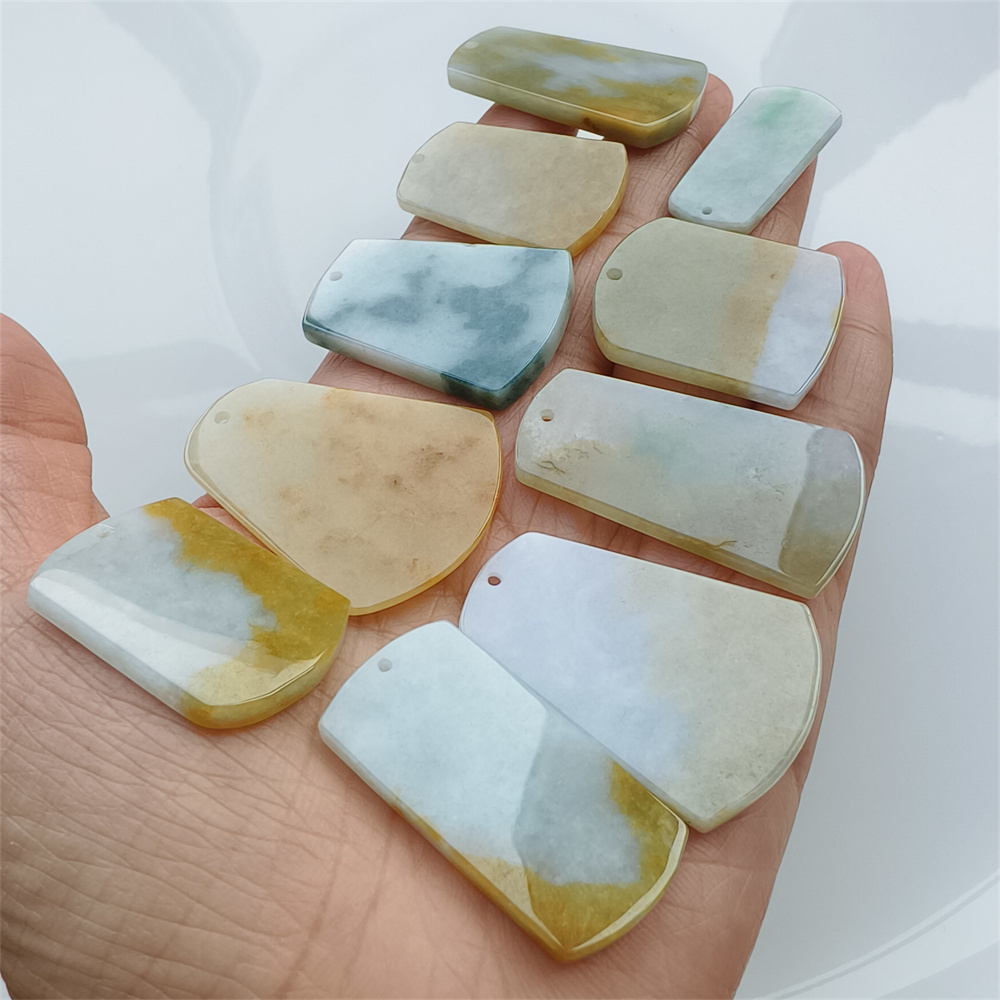 5pcs Natural Certificated Type A 30-40X13-28X3-4mm Green White Yellow Burmese Jadeite Trapezoid Pendant,平安无事Plaque,DIY Jewelry Supplies