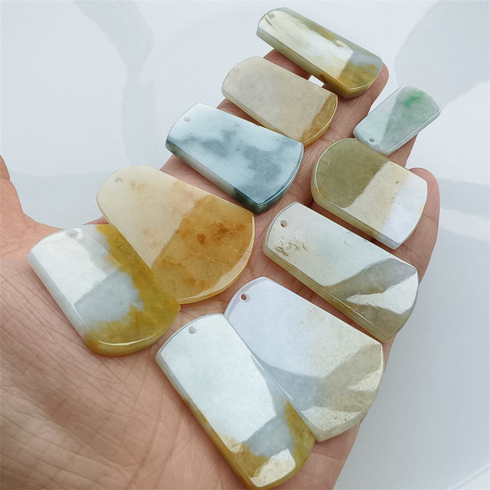 5pcs Natural Certificated Type A 30-40X13-28X3-4mm Green White Yellow Burmese Jadeite Trapezoid Pendant,平安无事Plaque,DIY Jewelry Supplies