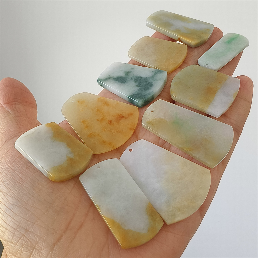 5pcs Natural Certificated Type A 30-40X13-28X3-4mm Green White Yellow Burmese Jadeite Trapezoid Pendant,平安无事Plaque,DIY Jewelry Supplies