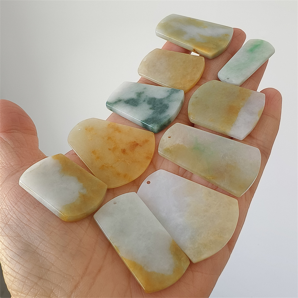5pcs Natural Certificated Type A 30-40X13-28X3-4mm Green White Yellow Burmese Jadeite Trapezoid Pendant,平安无事Plaque,DIY Jewelry Supplies