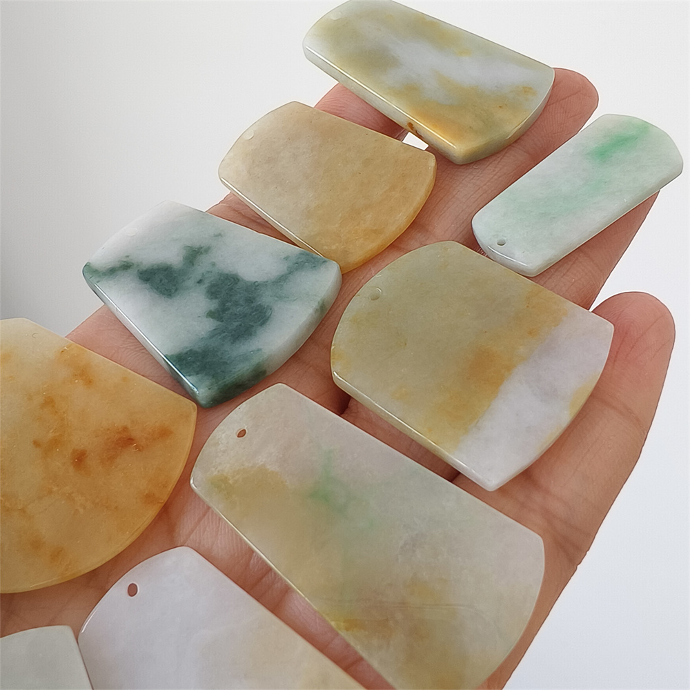 5pcs Natural Certificated Type A 30-40X13-28X3-4mm Green White Yellow Burmese Jadeite Trapezoid Pendant,平安无事Plaque,DIY Jewelry Supplies