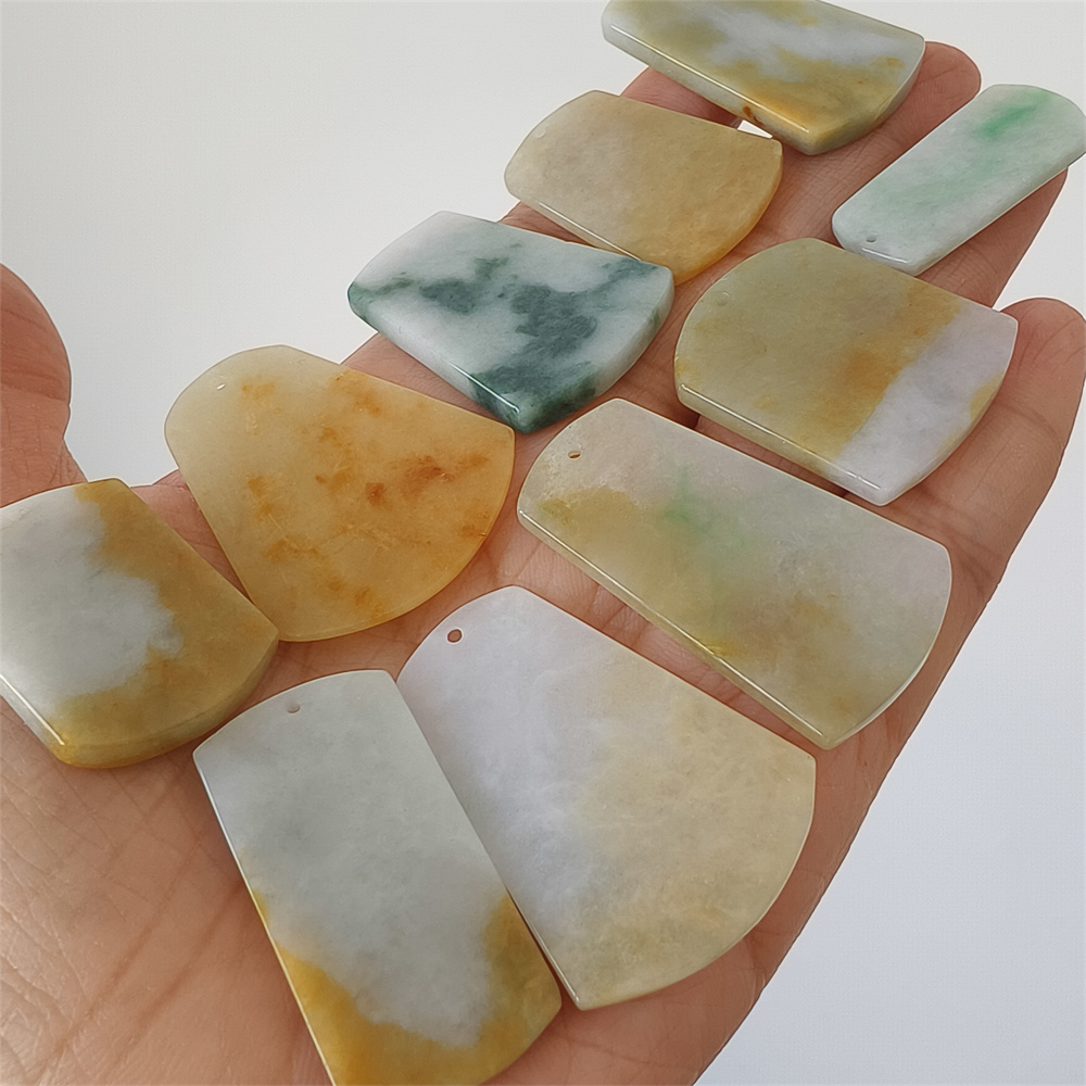 5pcs Natural Certificated Type A 30-40X13-28X3-4mm Green White Yellow Burmese Jadeite Trapezoid Pendant,平安无事Plaque,DIY Jewelry Supplies