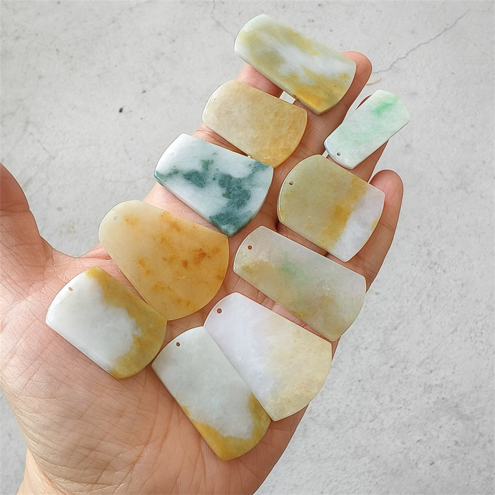 5pcs Natural Certificated Type A 30-40X13-28X3-4mm Green White Yellow Burmese Jadeite Trapezoid Pendant,平安无事Plaque,DIY Jewelry Supplies
