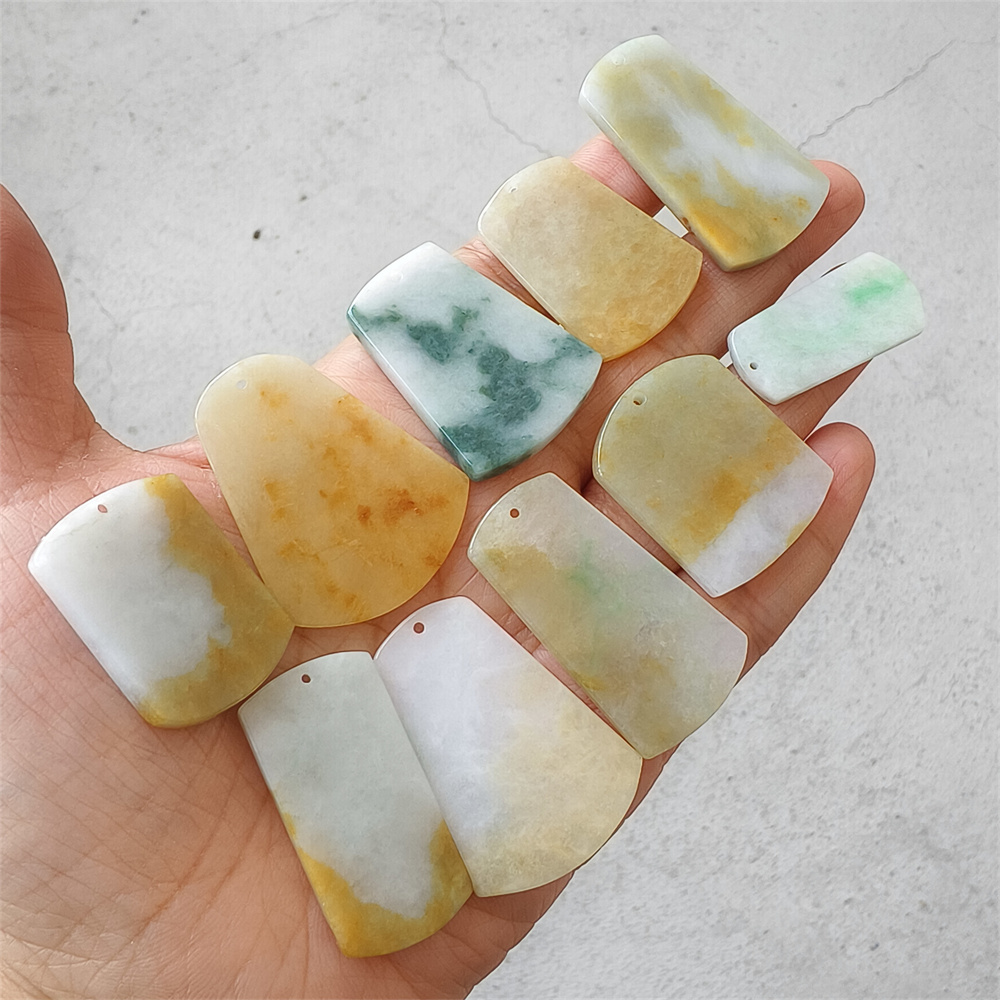 5pcs Natural Certificated Type A 30-40X13-28X3-4mm Green White Yellow Burmese Jadeite Trapezoid Pendant,平安无事Plaque,DIY Jewelry Supplies