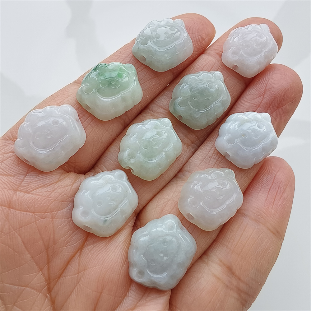 5pcs Natural Certificated Type A 13X15X4mm Green White Burmese Jadeite Sheep Shape Beads,Go Through Hole Beads ,DIY Jewelry Supplies