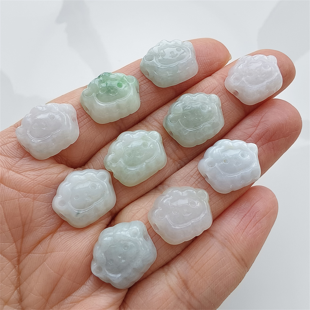 5pcs Natural Certificated Type A 13X15X4mm Green White Burmese Jadeite Sheep Shape Beads,Go Through Hole Beads ,DIY Jewelry Supplies