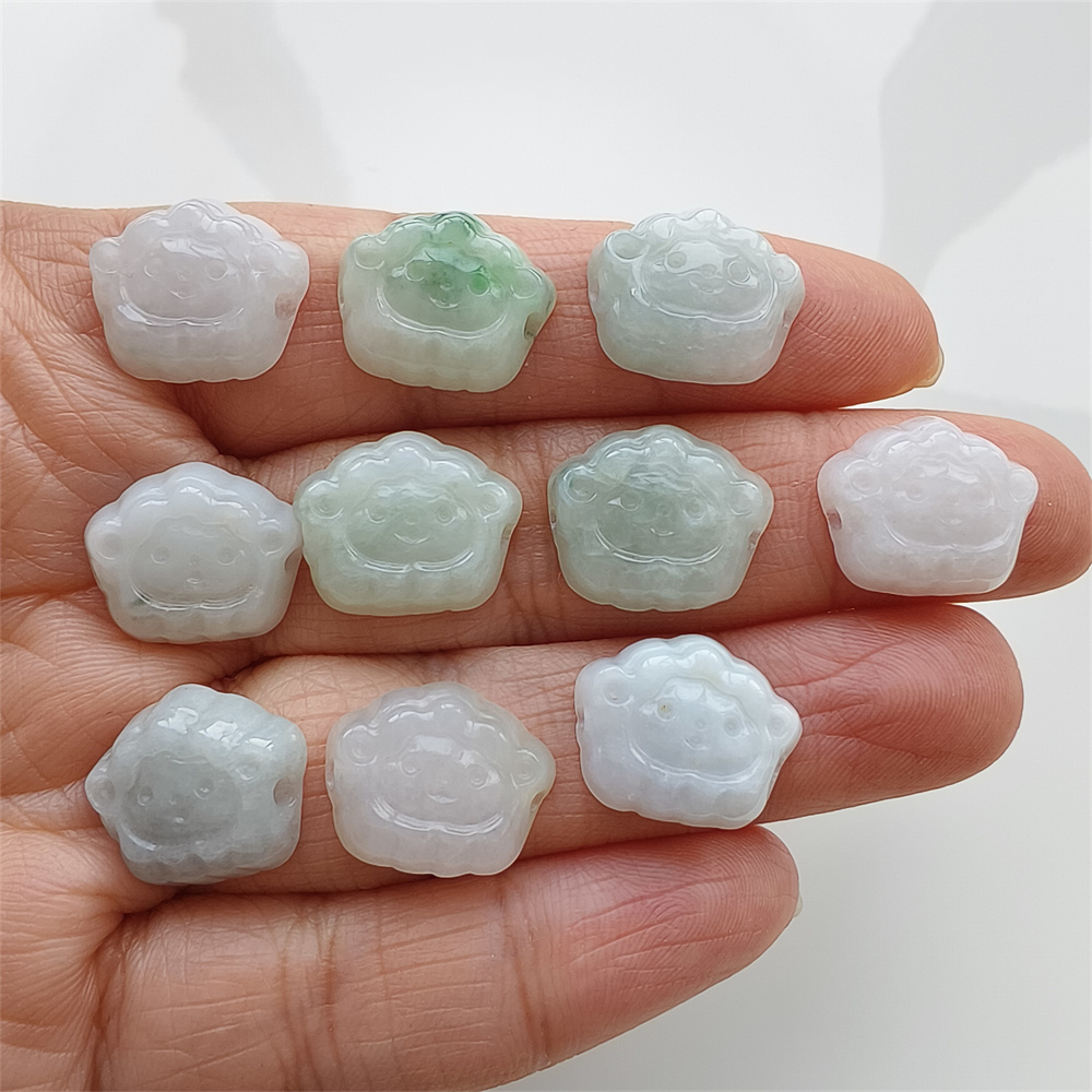 5pcs Natural Certificated Type A 13X15X4mm Green White Burmese Jadeite Sheep Shape Beads,Go Through Hole Beads ,DIY Jewelry Supplies
