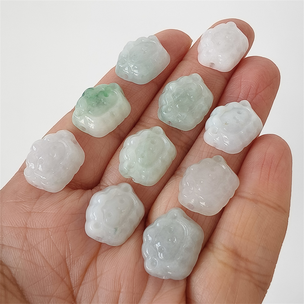 5pcs Natural Certificated Type A 13X15X4mm Green White Burmese Jadeite Sheep Shape Beads,Go Through Hole Beads ,DIY Jewelry Supplies
