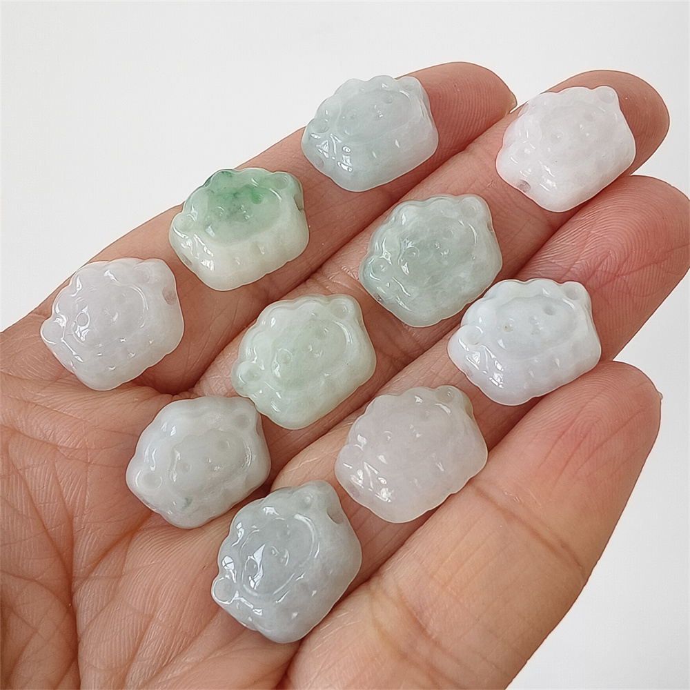 5pcs Natural Certificated Type A 13X15X4mm Green White Burmese Jadeite Sheep Shape Beads,Go Through Hole Beads ,DIY Jewelry Supplies