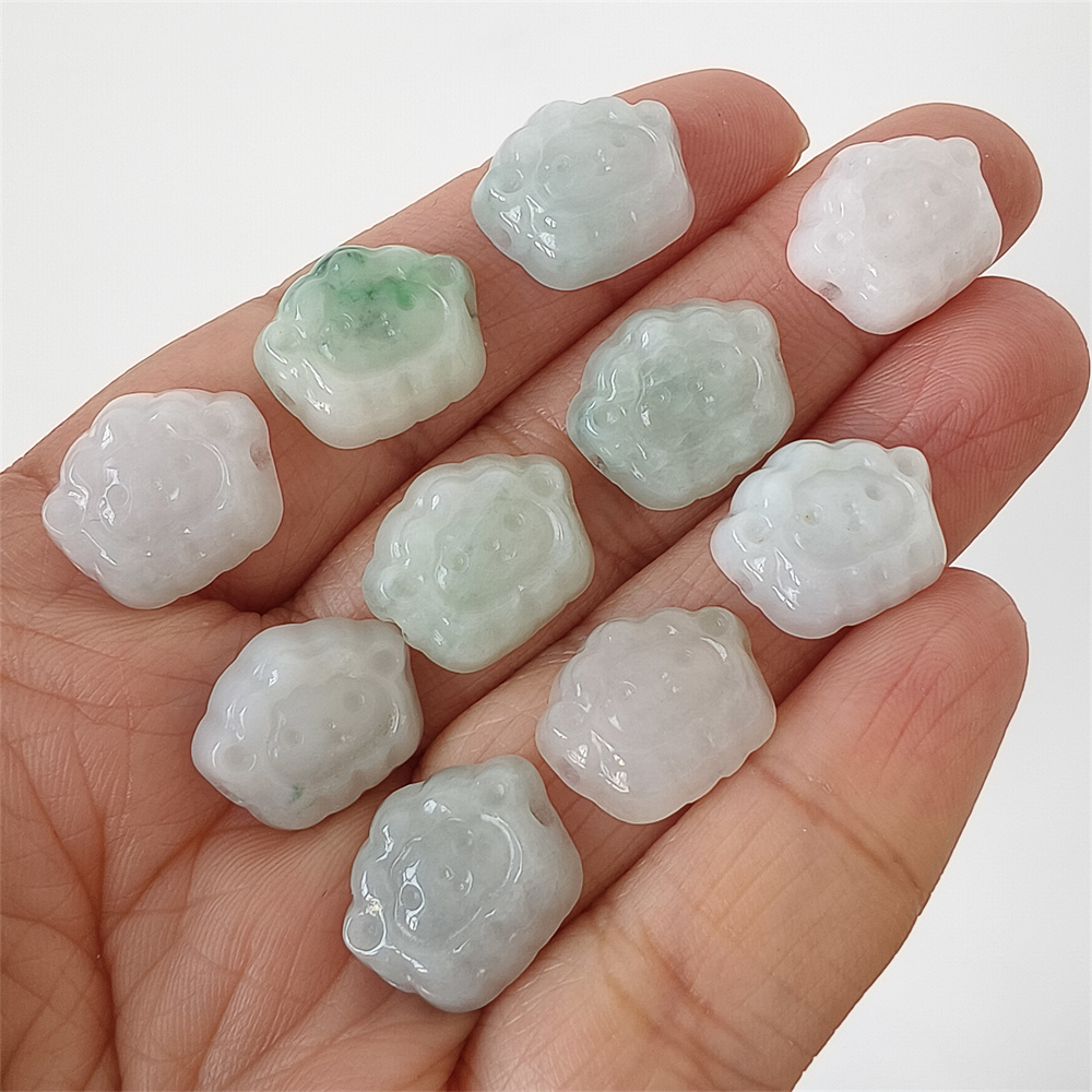 5pcs Natural Certificated Type A 13X15X4mm Green White Burmese Jadeite Sheep Shape Beads,Go Through Hole Beads ,DIY Jewelry Supplies