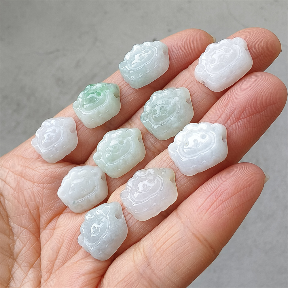 5pcs Natural Certificated Type A 13X15X4mm Green White Burmese Jadeite Sheep Shape Beads,Go Through Hole Beads ,DIY Jewelry Supplies