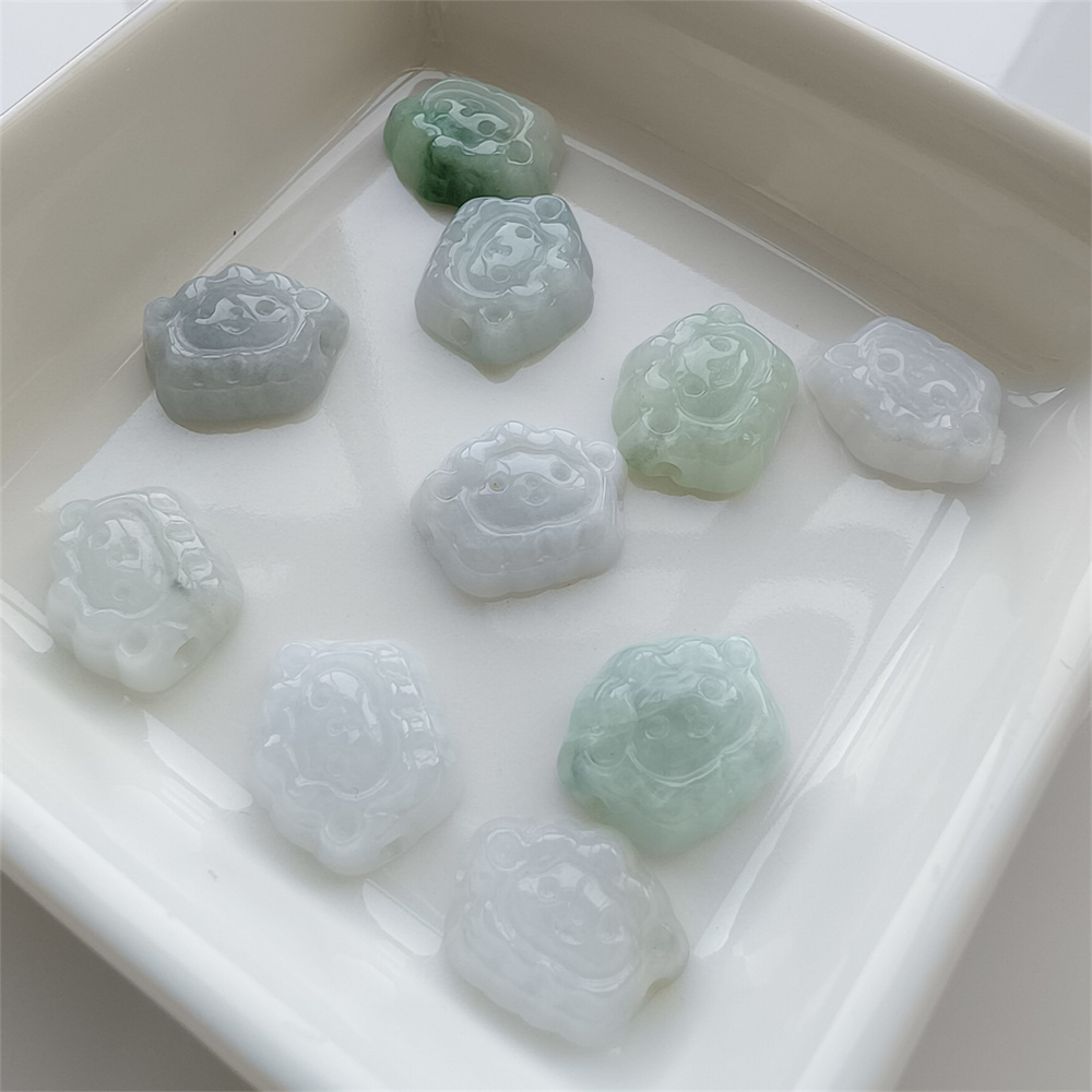 5pcs Natural Certificated Type A 13X15X4mm Green White Burmese Jadeite Sheep Shape Beads,Go Through Hole Beads ,DIY Jewelry Supplies