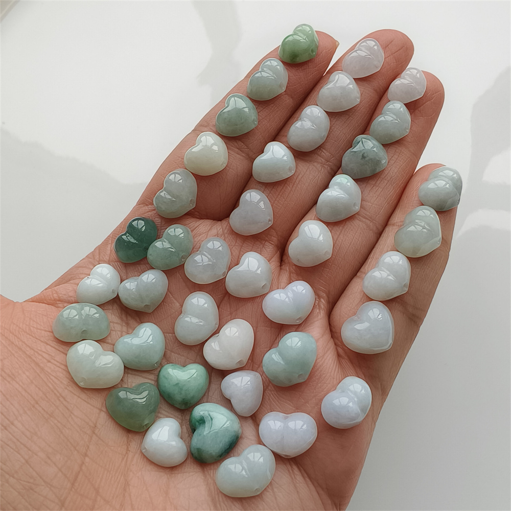 5pcs Natural Certificated Type A 8-10X8-11X5mm Green White Burmese Jadeite Heart Beads,Go Through Hole Beads ,DIY Jewelry Supplies
