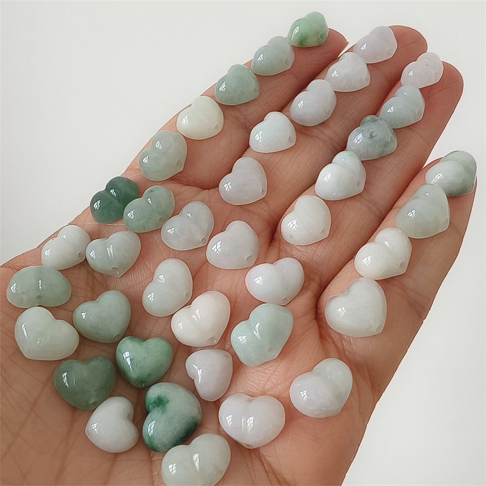 5pcs Natural Certificated Type A 8-10X8-11X5mm Green White Burmese Jadeite Heart Beads,Go Through Hole Beads ,DIY Jewelry Supplies