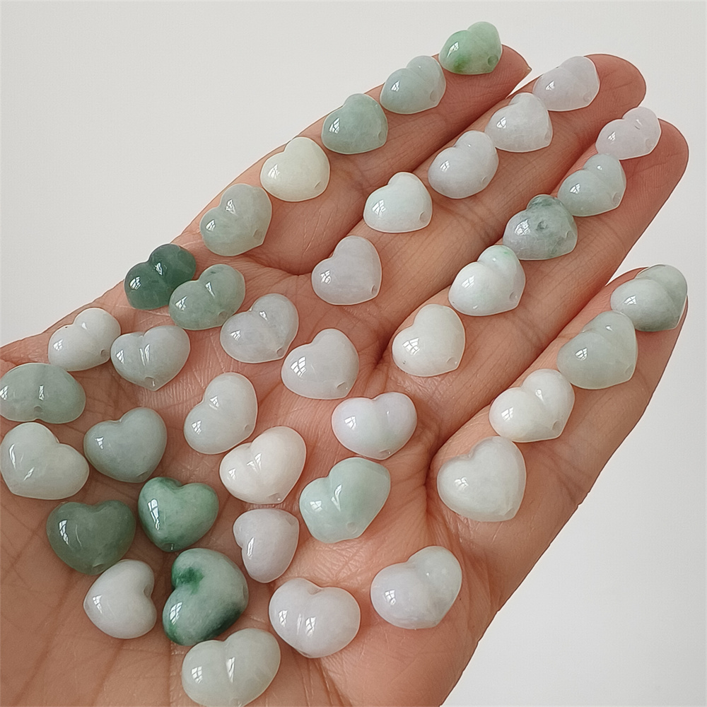 5pcs Natural Certificated Type A 8-10X8-11X5mm Green White Burmese Jadeite Heart Beads,Go Through Hole Beads ,DIY Jewelry Supplies