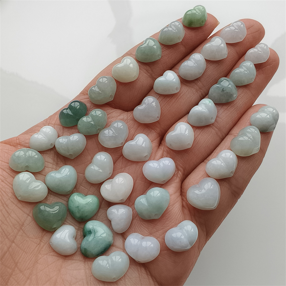 5pcs Natural Certificated Type A 8-10X8-11X5mm Green White Burmese Jadeite Heart Beads,Go Through Hole Beads ,DIY Jewelry Supplies