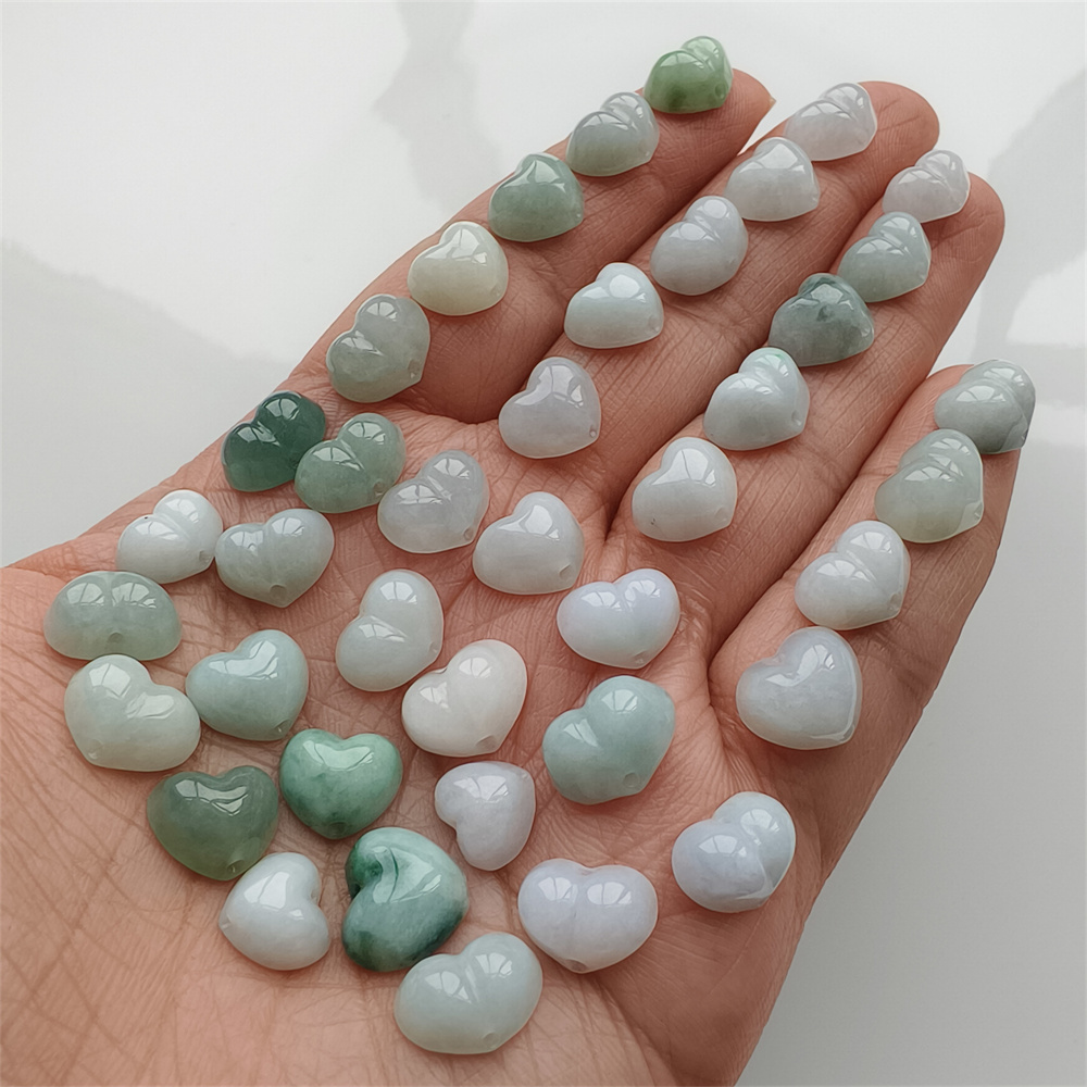 5pcs Natural Certificated Type A 8-10X8-11X5mm Green White Burmese Jadeite Heart Beads,Go Through Hole Beads ,DIY Jewelry Supplies