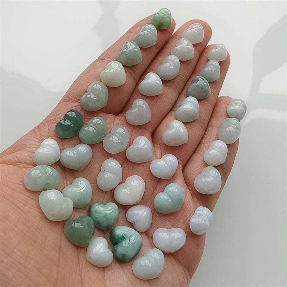 5pcs Natural Certificated Type A 8-10X8-11X5mm Green White Burmese Jadeite Heart Beads,Go Through Hole Beads ,DIY Jewelry Supplies