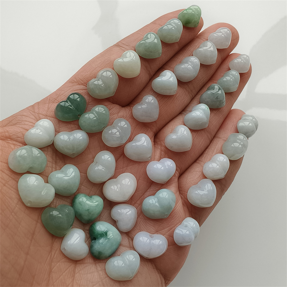 5pcs Natural Certificated Type A 8-10X8-11X5mm Green White Burmese Jadeite Heart Beads,Go Through Hole Beads ,DIY Jewelry Supplies