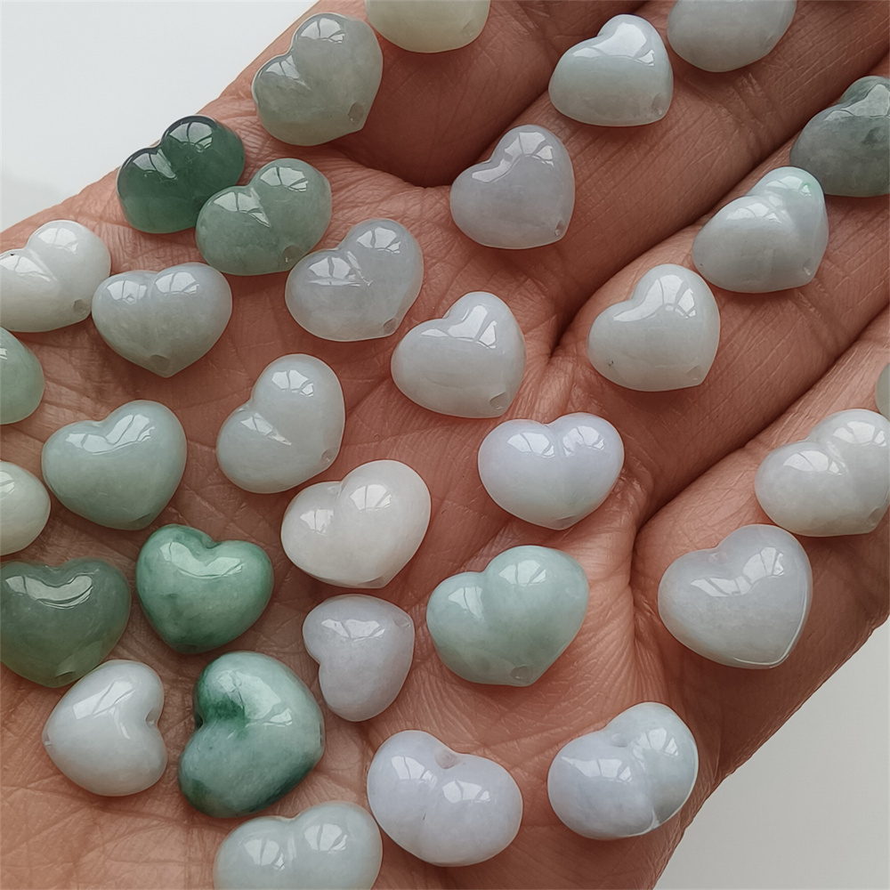 5pcs Natural Certificated Type A 8-10X8-11X5mm Green White Burmese Jadeite Heart Beads,Go Through Hole Beads ,DIY Jewelry Supplies