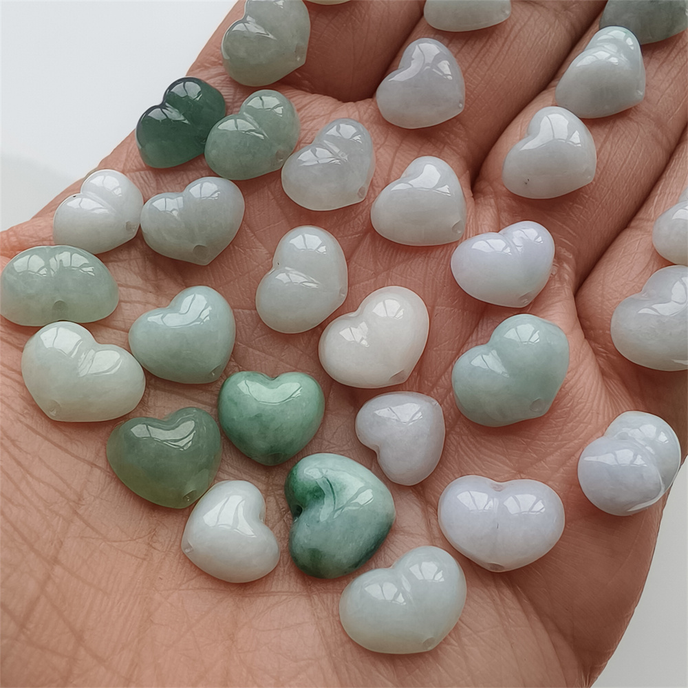 5pcs Natural Certificated Type A 8-10X8-11X5mm Green White Burmese Jadeite Heart Beads,Go Through Hole Beads ,DIY Jewelry Supplies