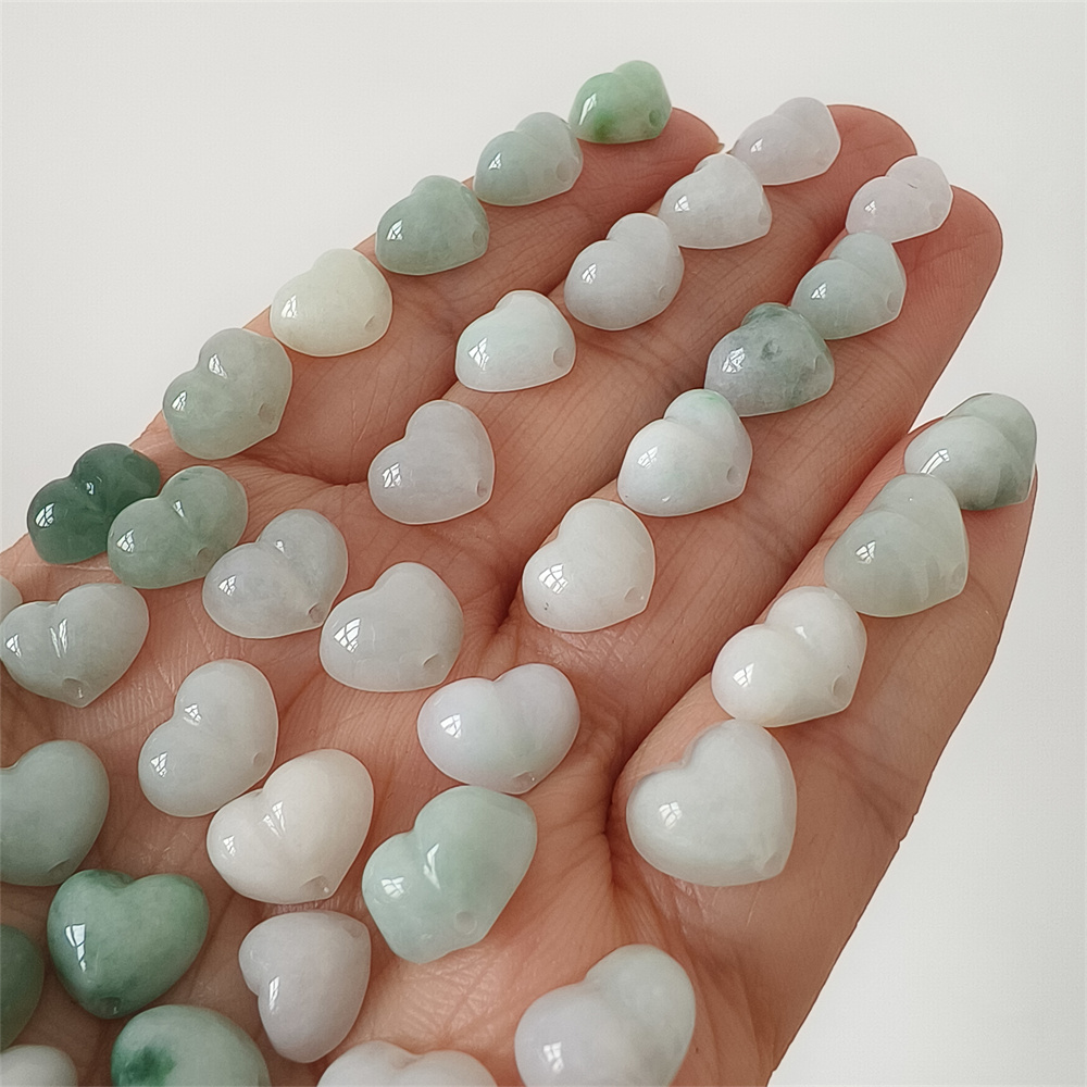 5pcs Natural Certificated Type A 8-10X8-11X5mm Green White Burmese Jadeite Heart Beads,Go Through Hole Beads ,DIY Jewelry Supplies