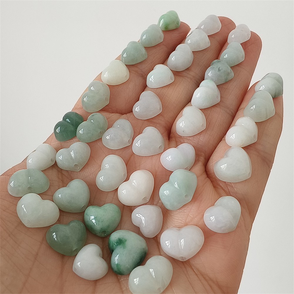 5pcs Natural Certificated Type A 8-10X8-11X5mm Green White Burmese Jadeite Heart Beads,Go Through Hole Beads ,DIY Jewelry Supplies