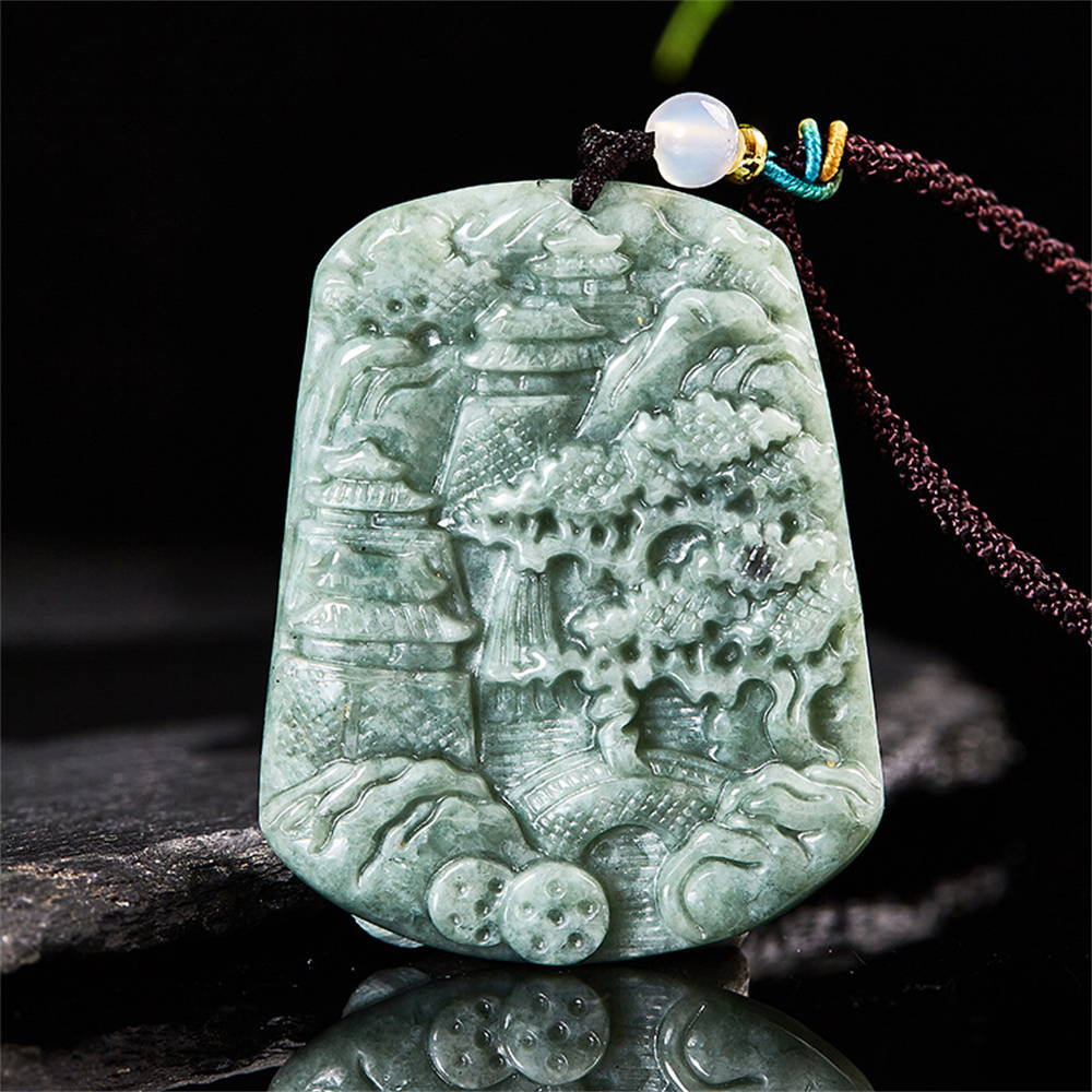 Natural Type A Bean Green Burmese Jadeite Hand Carved Engraved Chinese Landscape Irregular Pendant,Green Jadeite Pendant,DIY Jewelry Supplies