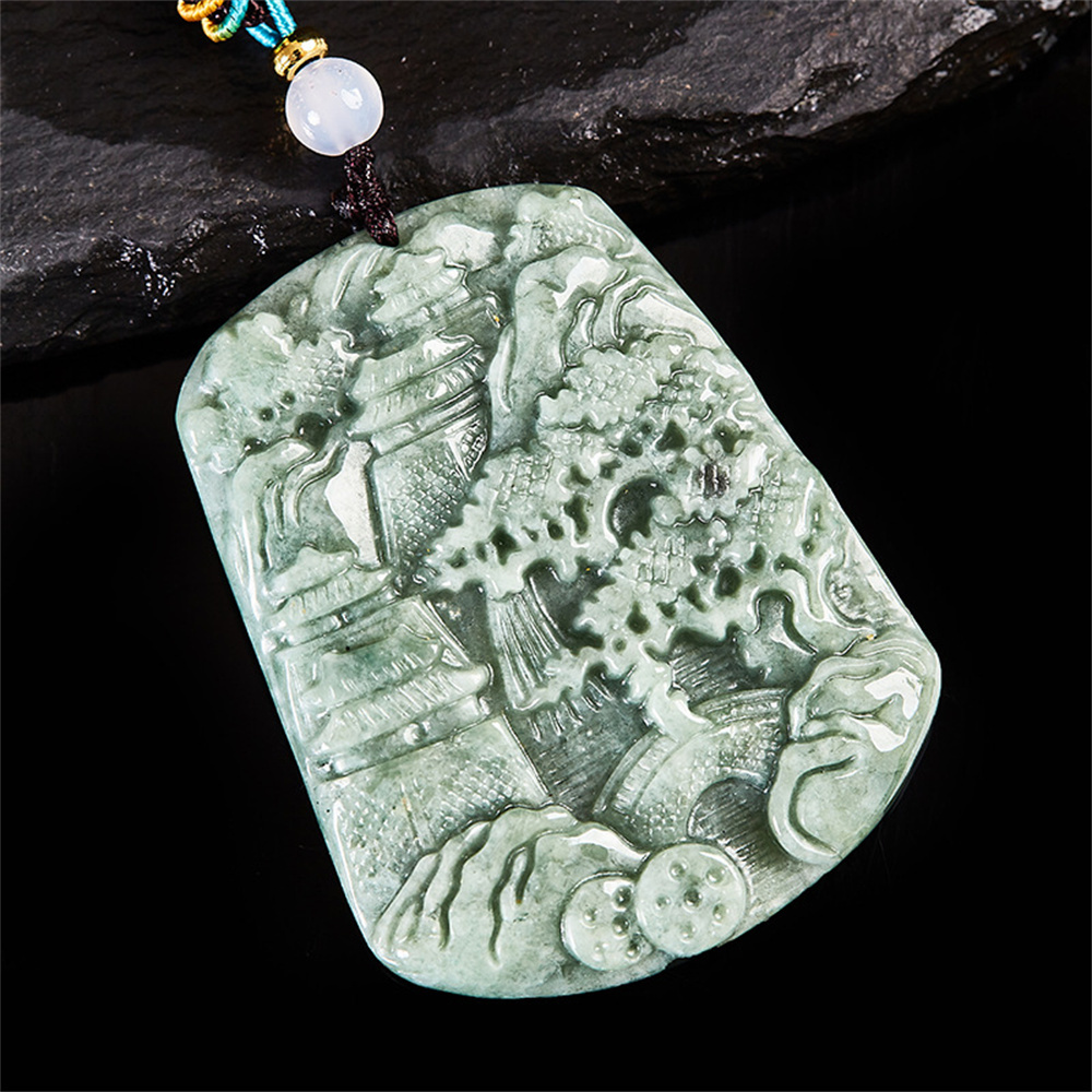 Natural Type A Bean Green Burmese Jadeite Hand Carved Engraved Chinese Landscape Irregular Pendant,Green Jadeite Pendant,DIY Jewelry Supplies