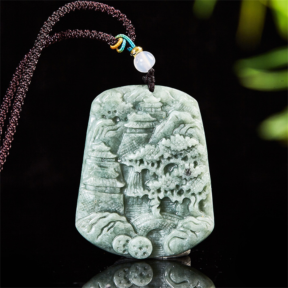 Natural Type A Bean Green Burmese Jadeite Hand Carved Engraved Chinese Landscape Irregular Pendant,Green Jadeite Pendant,DIY Jewelry Supplies