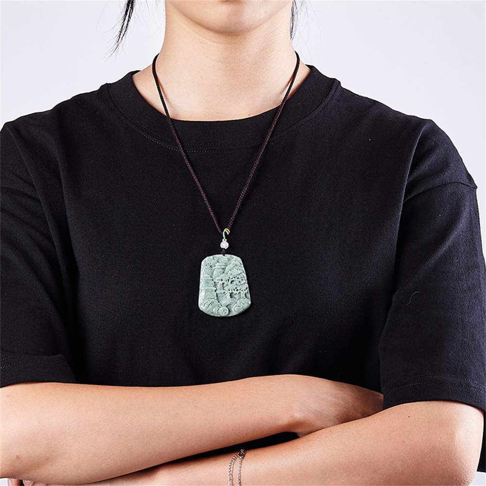 Natural Type A Bean Green Burmese Jadeite Hand Carved Engraved Chinese Landscape Irregular Pendant,Green Jadeite Pendant,DIY Jewelry Supplies