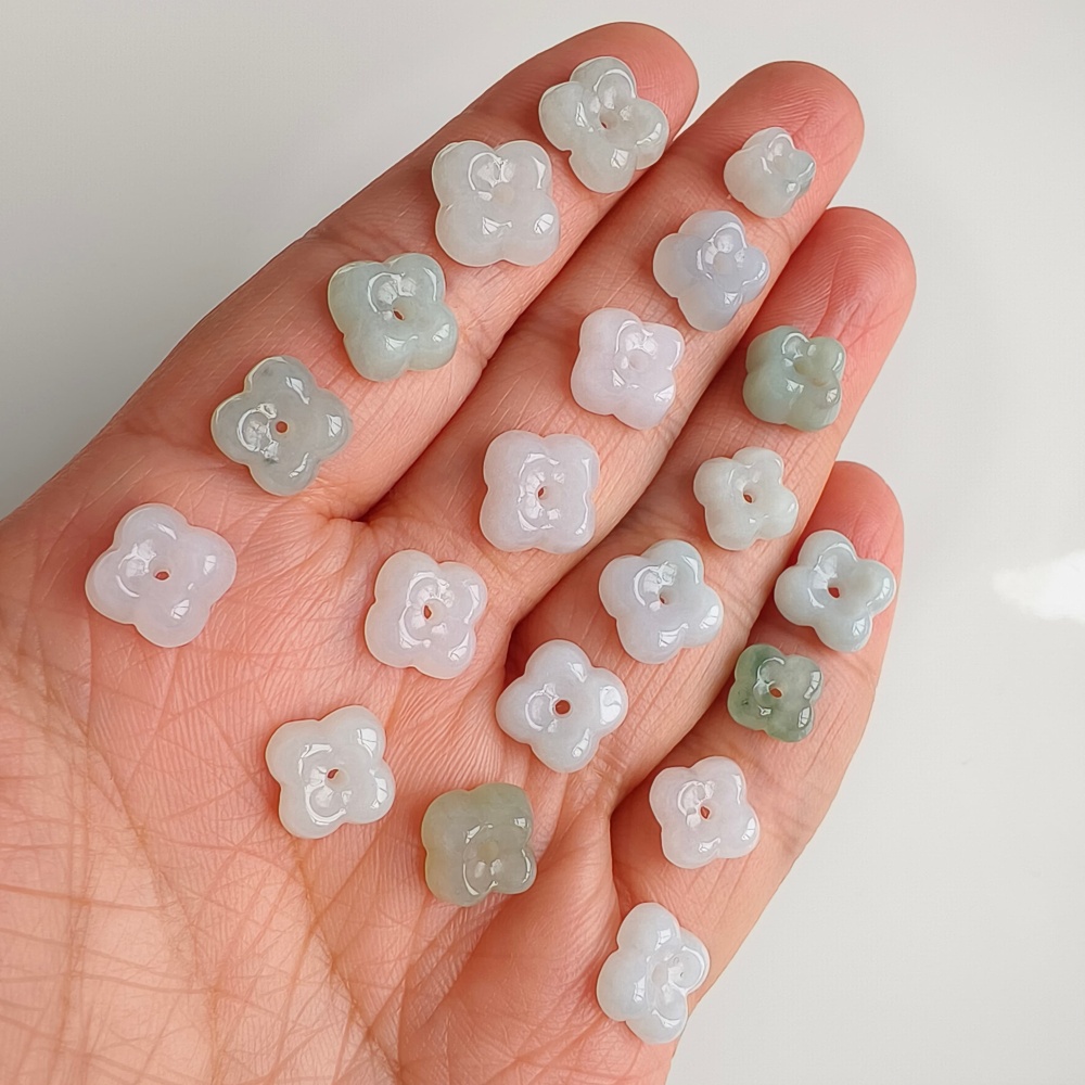 5pcs Natural Certificated Type A Untreated 7.5-10mm Light Green And White Burmese Jadeite Flowers Beads ,Myanmar Jadeite Beads,DIY Jewelry Supplies