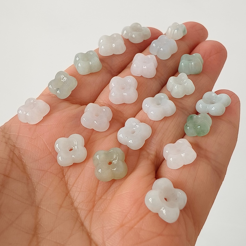 5pcs Natural Certificated Type A Untreated 7.5-10mm Light Green And White Burmese Jadeite Flowers Beads ,Myanmar Jadeite Beads,DIY Jewelry Supplies