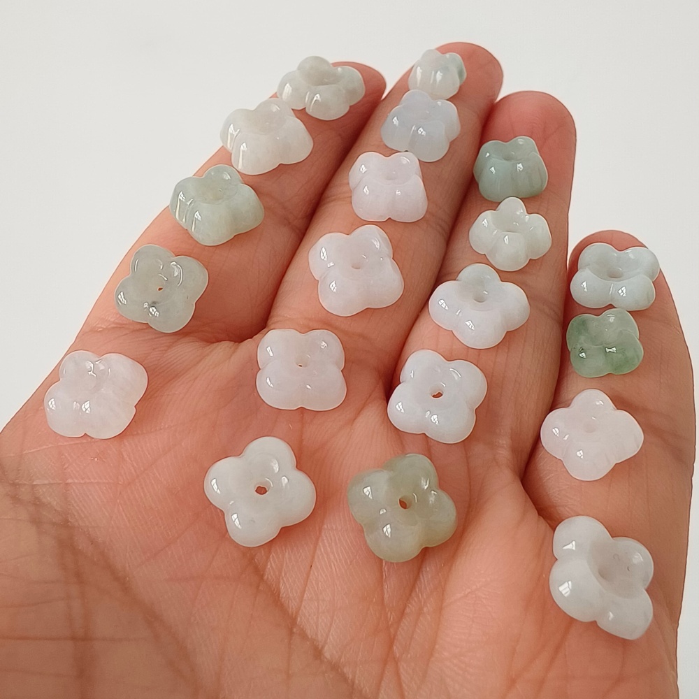 5pcs Natural Certificated Type A Untreated 7.5-10mm Light Green And White Burmese Jadeite Flowers Beads ,Myanmar Jadeite Beads,DIY Jewelry Supplies